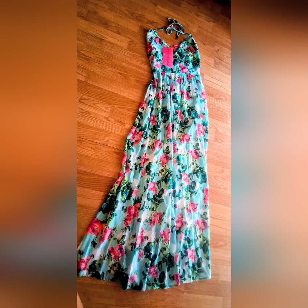 Betsy Johnson NWT Ladies Halter  Dress, Blue Floral Pattern  Sz XS MSRP $129. - Picture 2 of 6